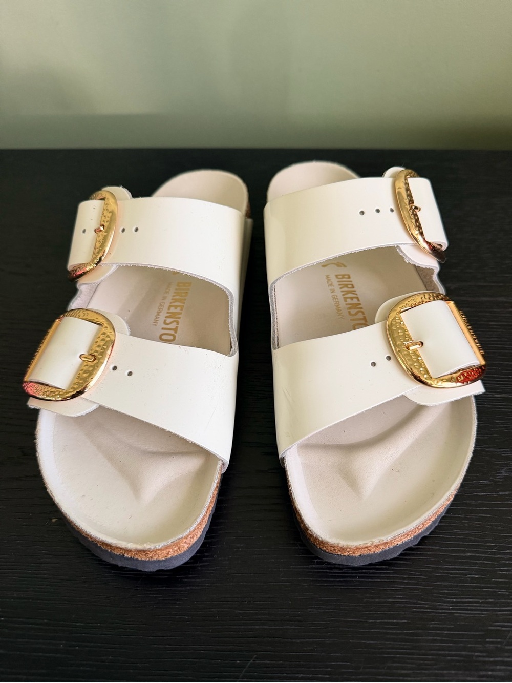 Birkenstock White Arizona Sandals with Gold Buckles